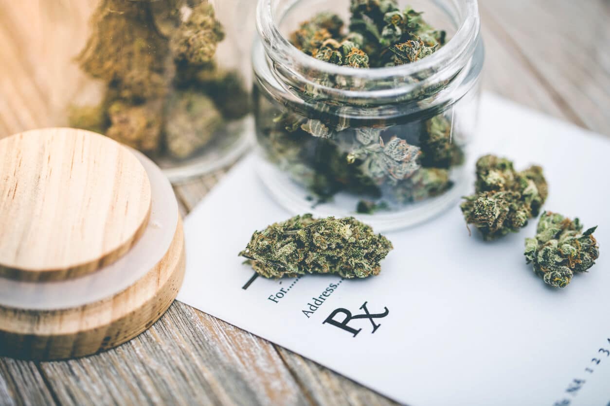 Medical marijuana in glass jar and prescription form