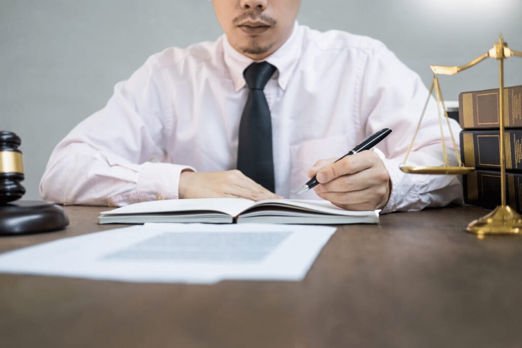 A Tampa Car Accident Attorney Works On Paperwork At His Desk. Next To Him Is A Stack Of Books, The Scales Of Justice, And A Gavel.