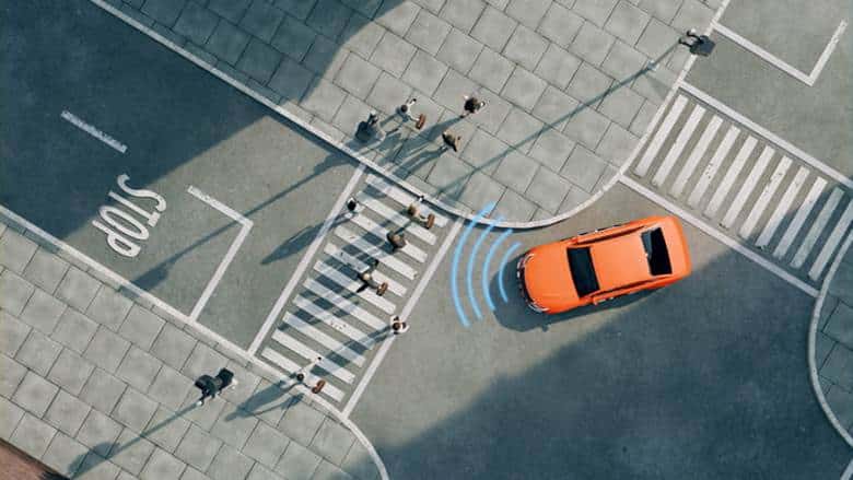Top Five Dangers Of Self-Driving Cars 1 An Aerial Image Of A Self-Driving Car Using Sensors To See People Crossing A Crosswalk.