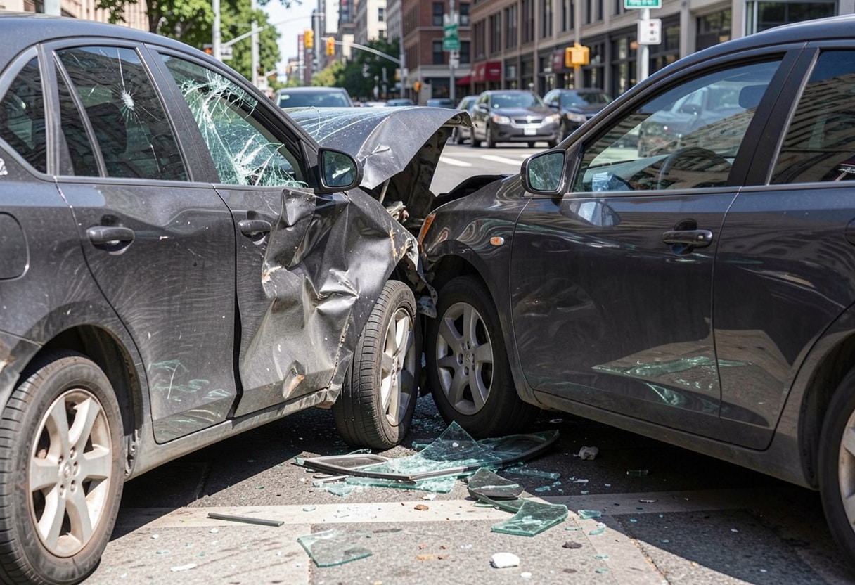 T-Bone Accident Lawyer Tampa 2 T-Bone Car Accident Showing Side Impact Collision Between Two Vehicles At An Urban Intersection With Visible Door And Front-End Damage