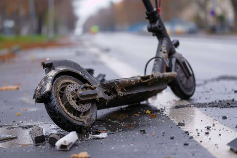 Damaged Electric Scooter Lying On Road After Accident With Debris Scattered On Wet Street