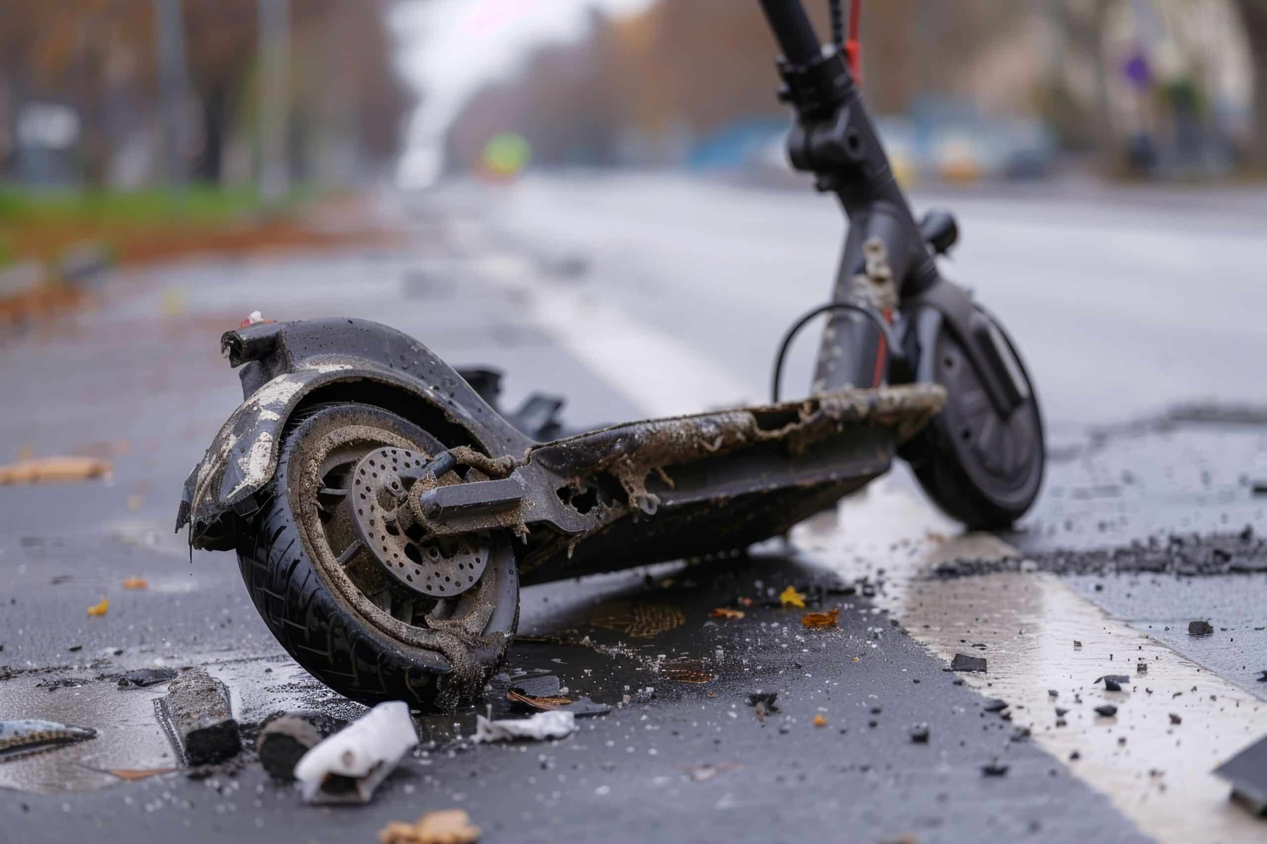 Tampa Electric Scooter Accident Lawyer 2 Damaged Electric Scooter Lying On Road After Accident With Debris Scattered On Wet Street