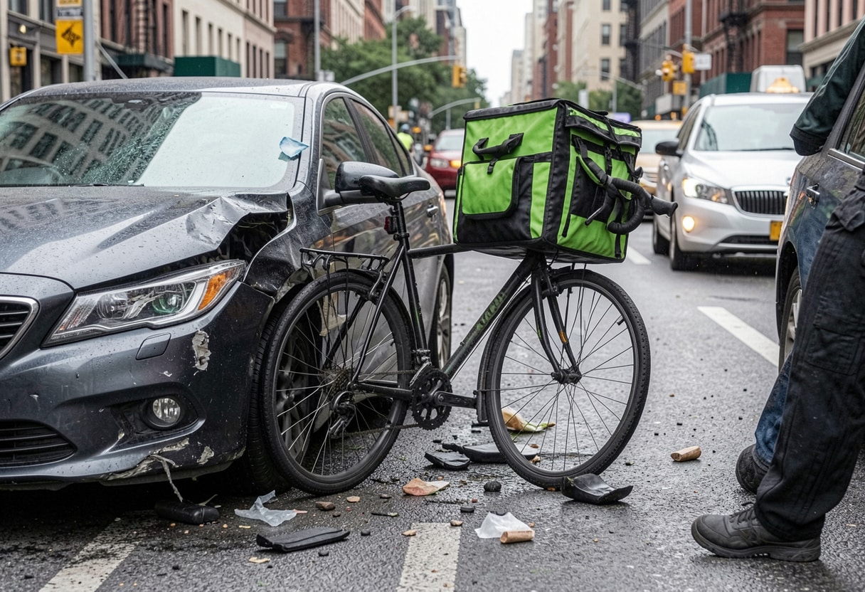Tampa Uber Eats Accident Lawyer 2 Bicycle With Delivery Bag Involved In Collision With Car On A Busy City Street With Visible Vehicle Damage And Road Debris