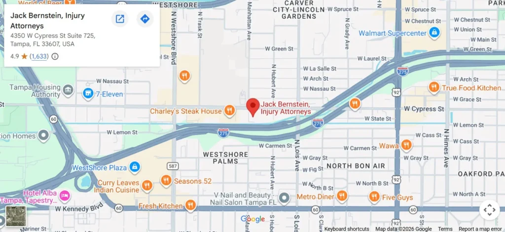 Jack Bernstein, Injury Attorneys 29 Google Maps View Showing The Location Of Jack Bernstein Injury Attorneys At 4350 W Cypress Street, Suite 725, Tampa, Fl, With A 4.9-Star Rating Near The I-275 Interchange In The Westshore District.
